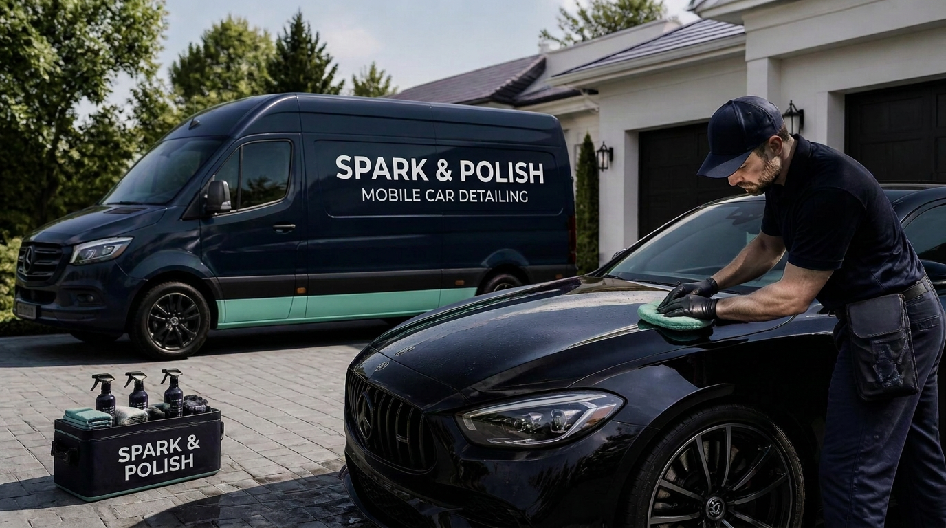 Spark & Polish mobile detailing van and technician polishing a black sedan in a clean driveway