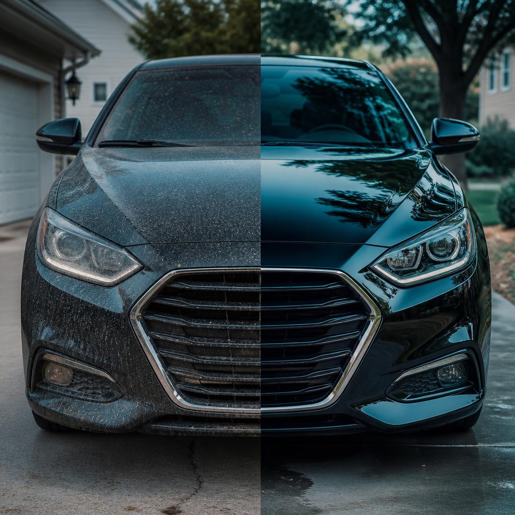 Exterior wash before and after — dirty sedan transformed to a mirror shine