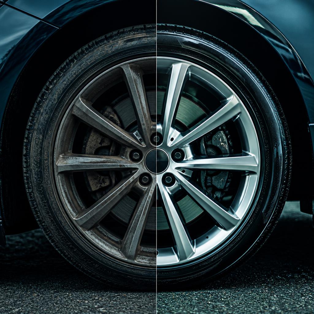 Wheel and tire detailing before and after — brake dust removed and rubber dressed